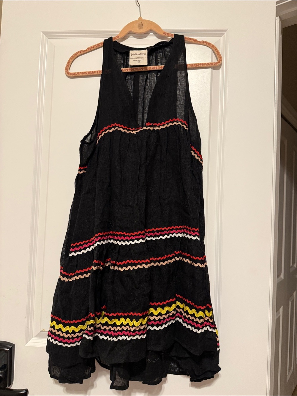Black Sleeveless Tiered Dress with Multicolor Zigzag Trim